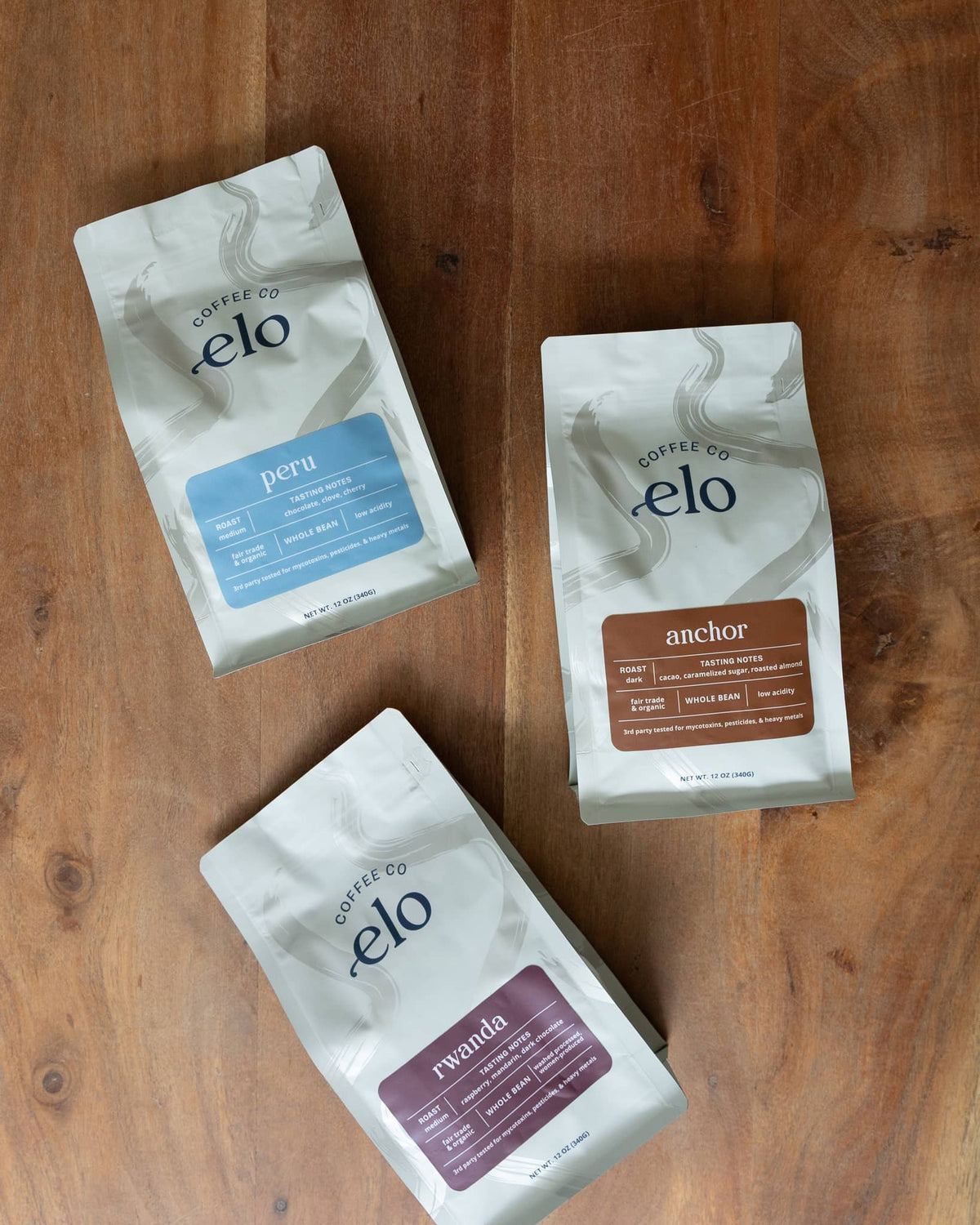 Three Elo Coffee Co. specialty coffee bags arranged on a wood surface — Peru medium roast with a blue label, Anchor dark roast with a brown label, and Rwanda medium roast with a burgundy label — each featuring the Elohim brushstroke pattern on sage green packaging.